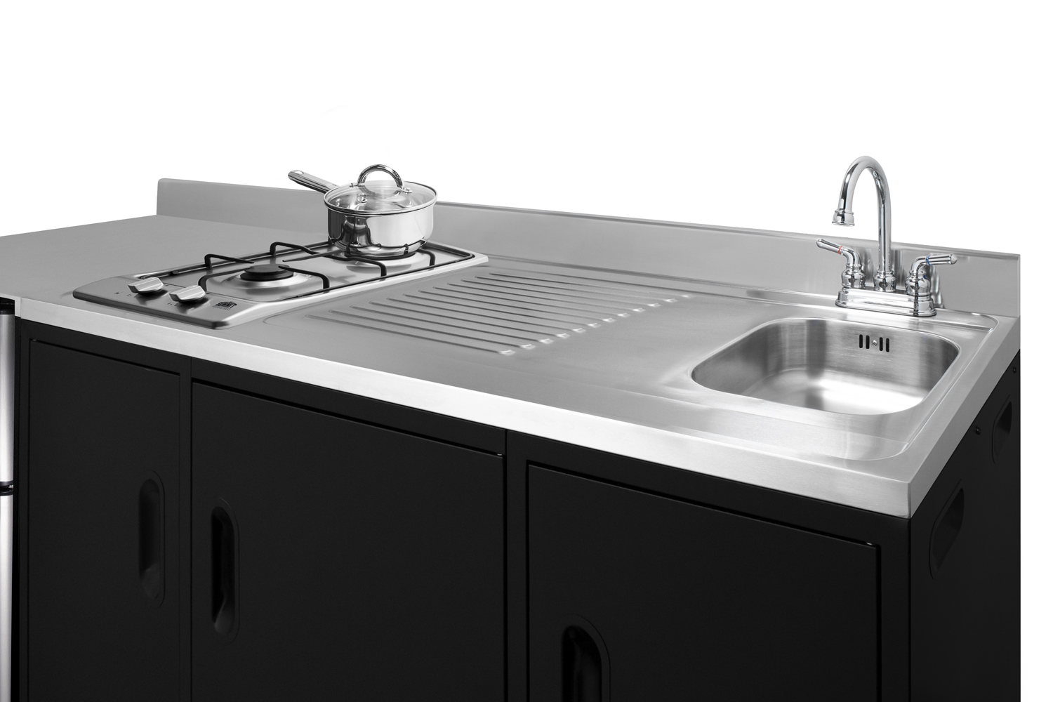 72 inch wide, ADA counter height all-in-one kitchenette in black with a 2-burner 115V smooth top cooktop, 2-door refrigerator-freezer, sink, and three storage cabinets